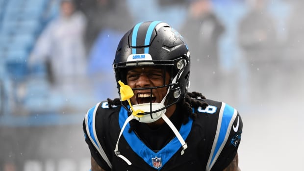 Carolina Panthers cornerback Jaycee Horn (8) is introduced before the game at Bank of America Stadium.
